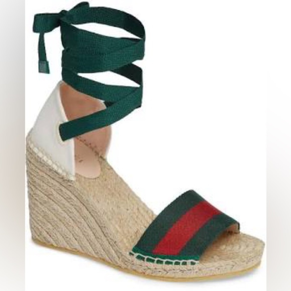 GUCCI LILIBETH WEB WEDGE ESPADRILLE SANDALS 300 on v enm0!